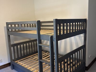 Gray Wooden Bunk Bed Frame with Slats and Ladder