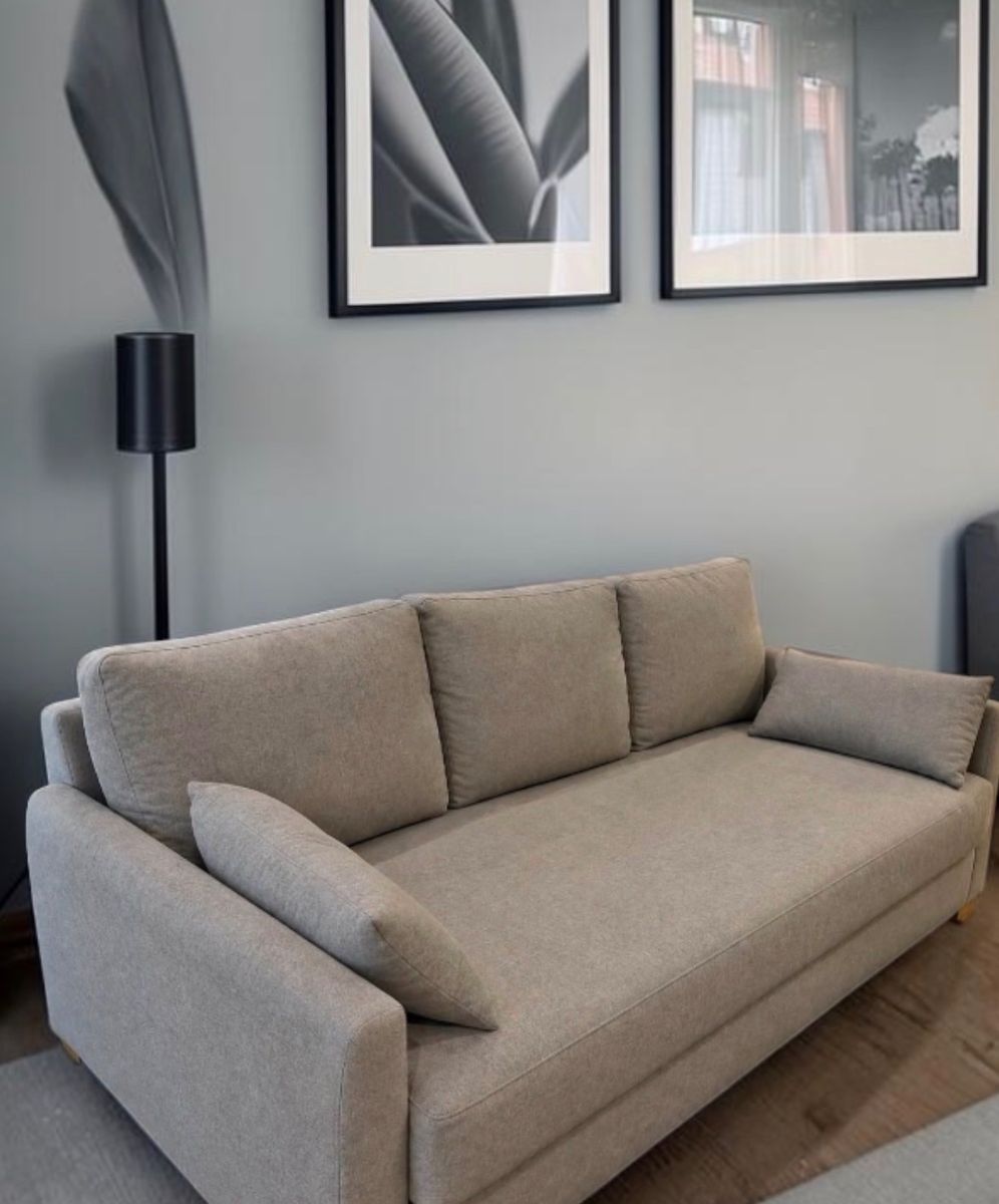 Modern Gray  Fabric Sofa with Three Back Cushions and Accent Pillows