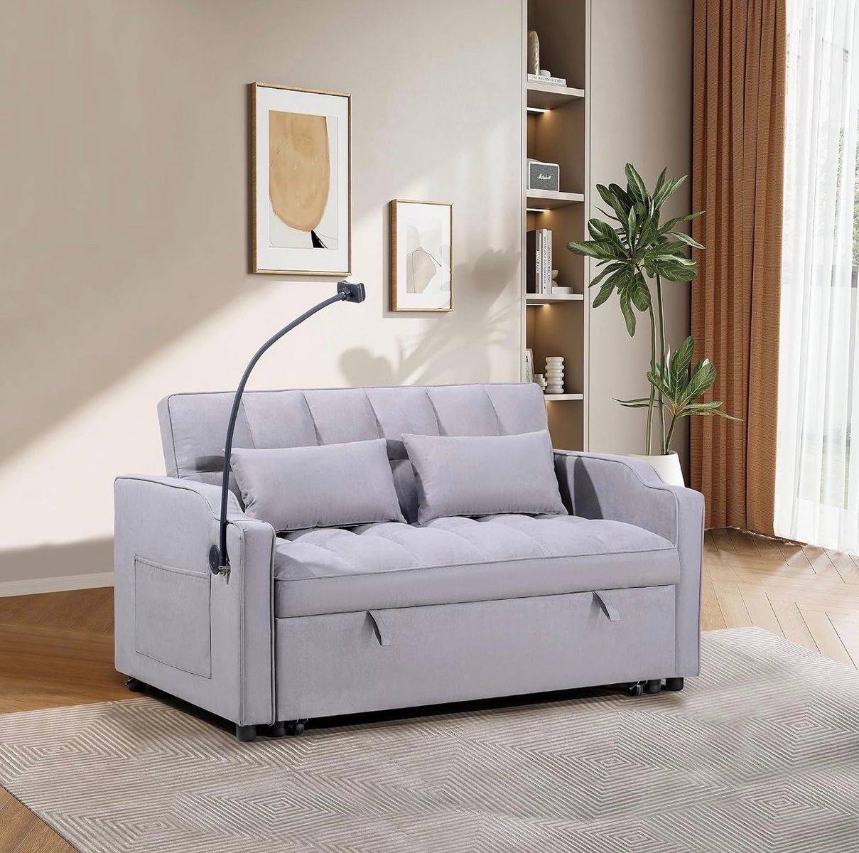 Light Gray Fabric Sofa Bed Sleeper with Pull-Out Mattress