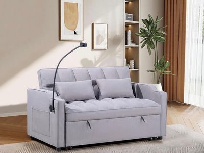 Light Gray Fabric Sofa Bed Sleeper with Pull-Out Mattress
