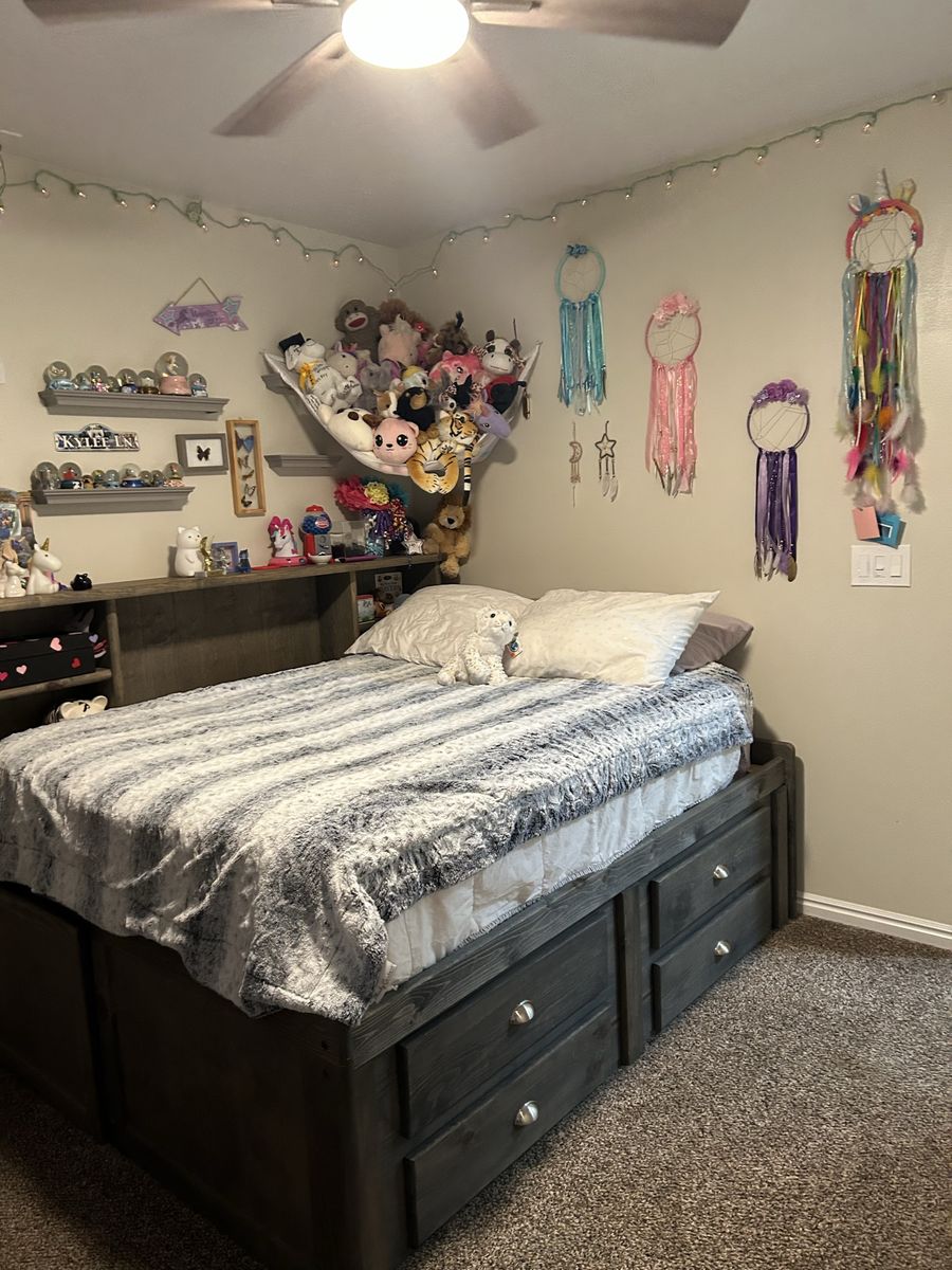 Solid Wood Full Size Bed Frame with Headboard and 4 Storage Drawers, Grey Stain, and  Dresser
