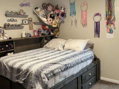 Solid Wood Full Size Bed Frame with Headboard and 4 Storage Drawers, Grey Stain, and Dresser