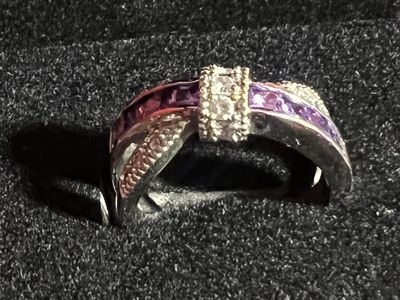 Sterling Silver Amethyst & Diamond Accent Ribbon Ring, Size 9.5