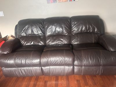 Brown Faux Leather Recliner Sofa Couch with Console - Used, 3-Seater