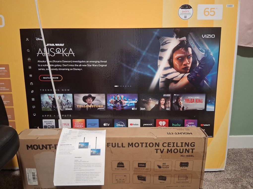 Visio 65 in 4K smart TV and ceiling tv mount