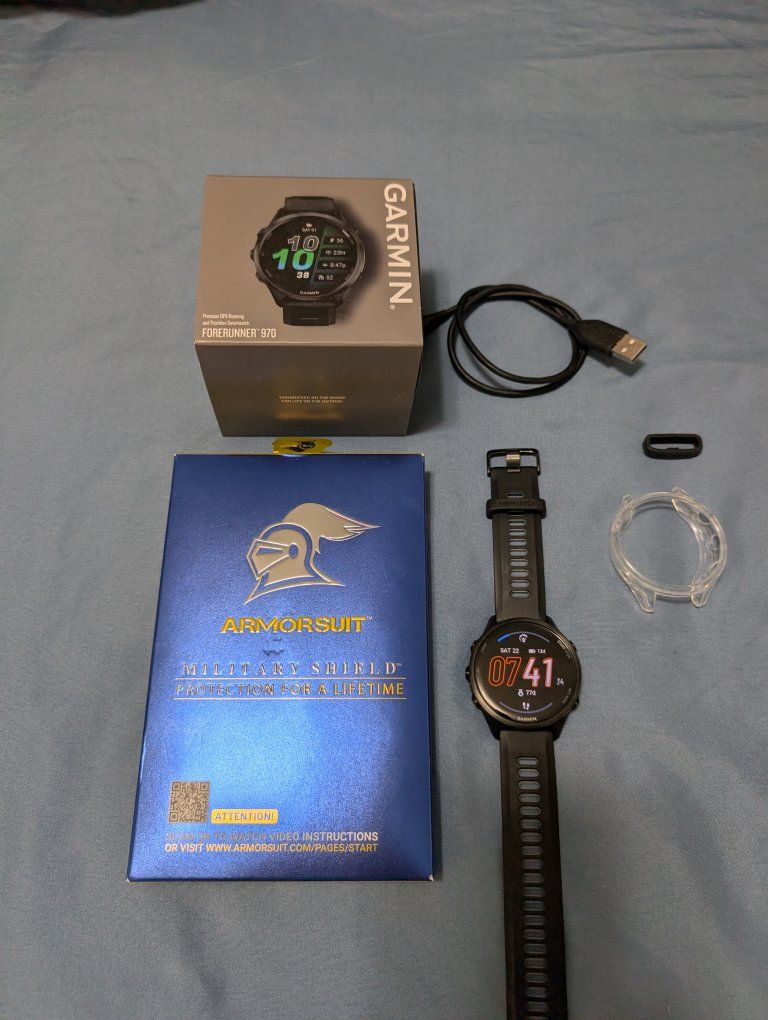 Garmin Forerunner 970 GPS Running Smartwatch Black with Case and Screen Protectors