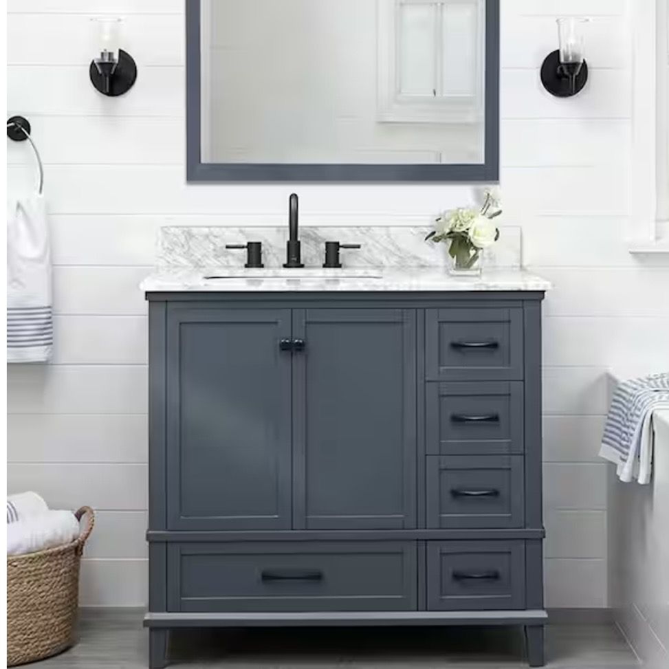 Home Decorators Collection Merryfield 37 in. Single Sink Dark Blue-Grey Bath Vanity with White Carrara Marble Top (Assembled)