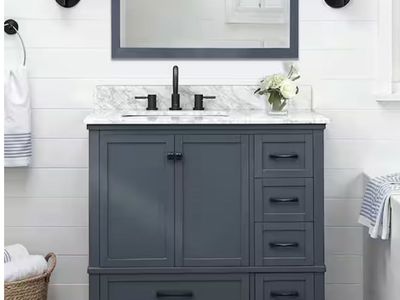 Home Decorators Collection Merryfield 37 in. Single Sink Dark Blue-Grey Bath Vanity with White Carrara Marble Top (Assembled)