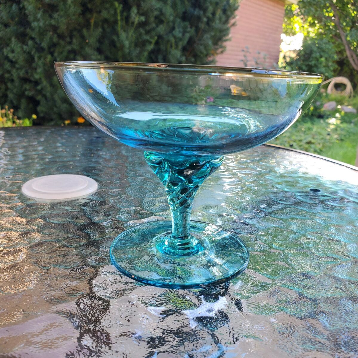 Vintage blue glass compote twisted stem