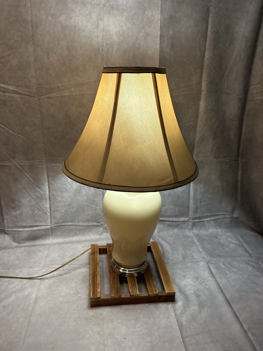 Vintage Milk Glass Table Lamp w/ Beige Shade