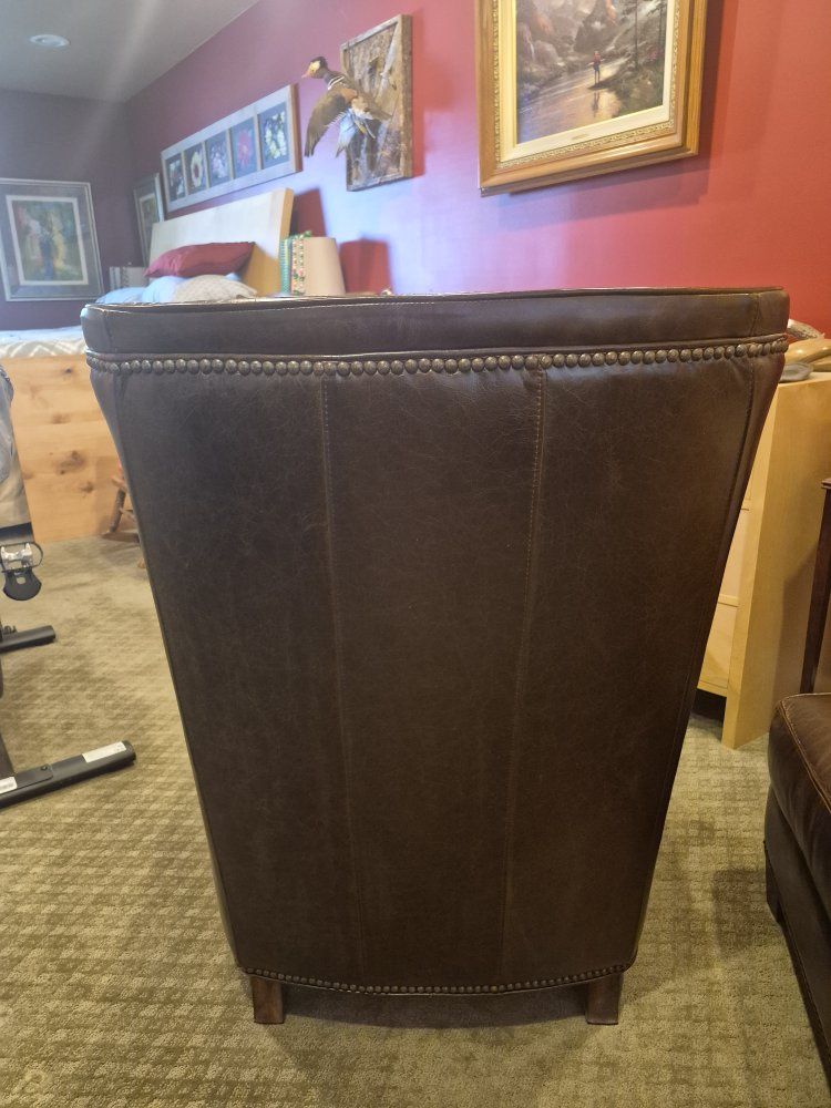 Classic Brown Leather Wingback Armchair with Nailhead Trim & Ottoman