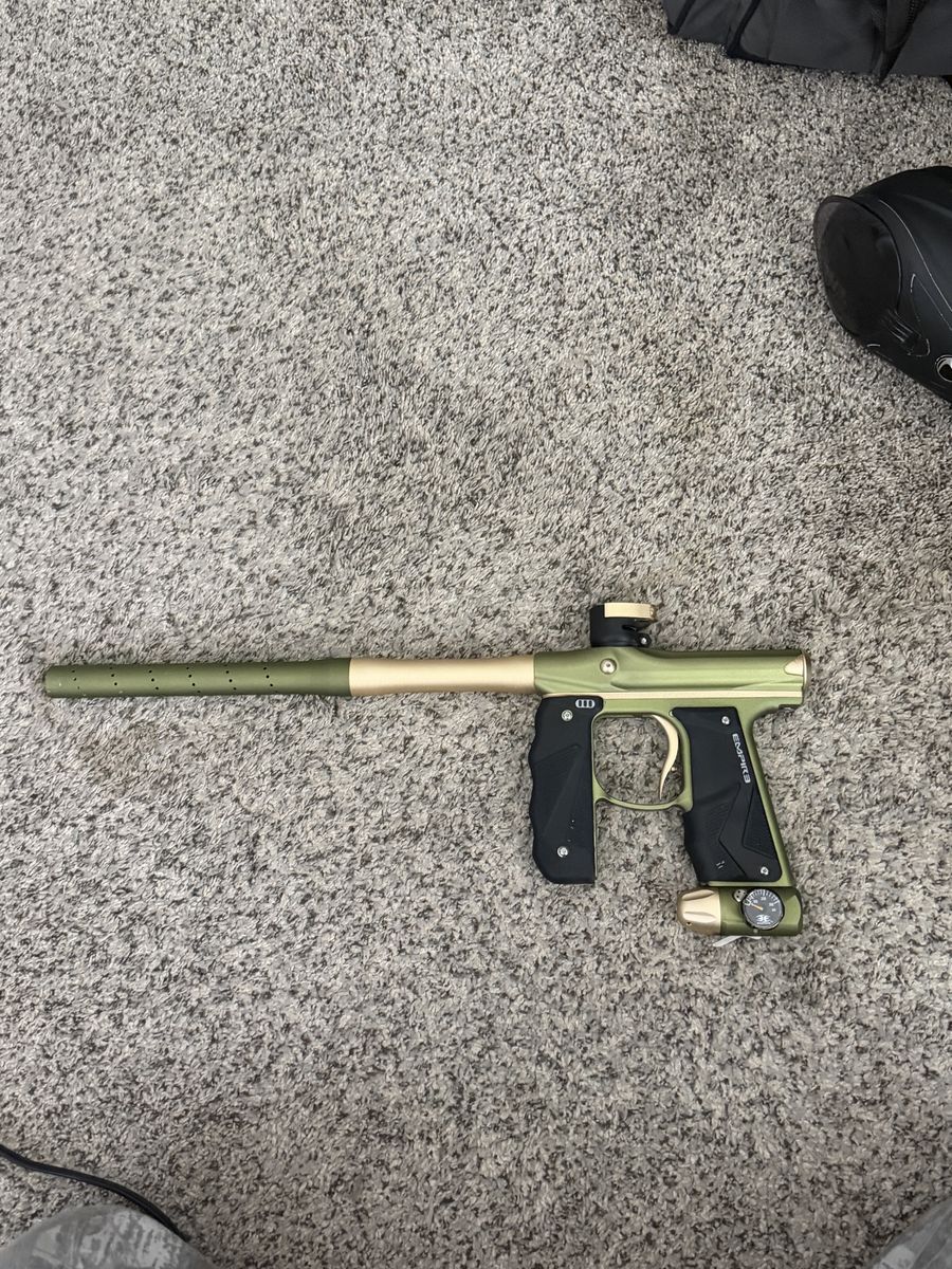 Empire Axe 2.0 Paintball Marker Gun - Olive and Gold, DYE hopper, HK tank, DYE mask