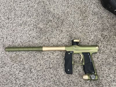 Empire Axe 2.0 Paintball Marker Gun - Olive and Gold, DYE hopper, HK tank, DYE mask