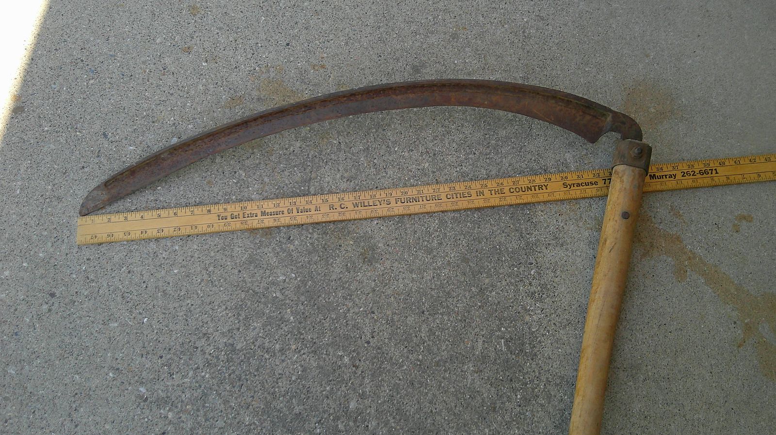 Sickle Scythe Antique Vintage Farm Tool Wood Handle 35 Inch Blade $75