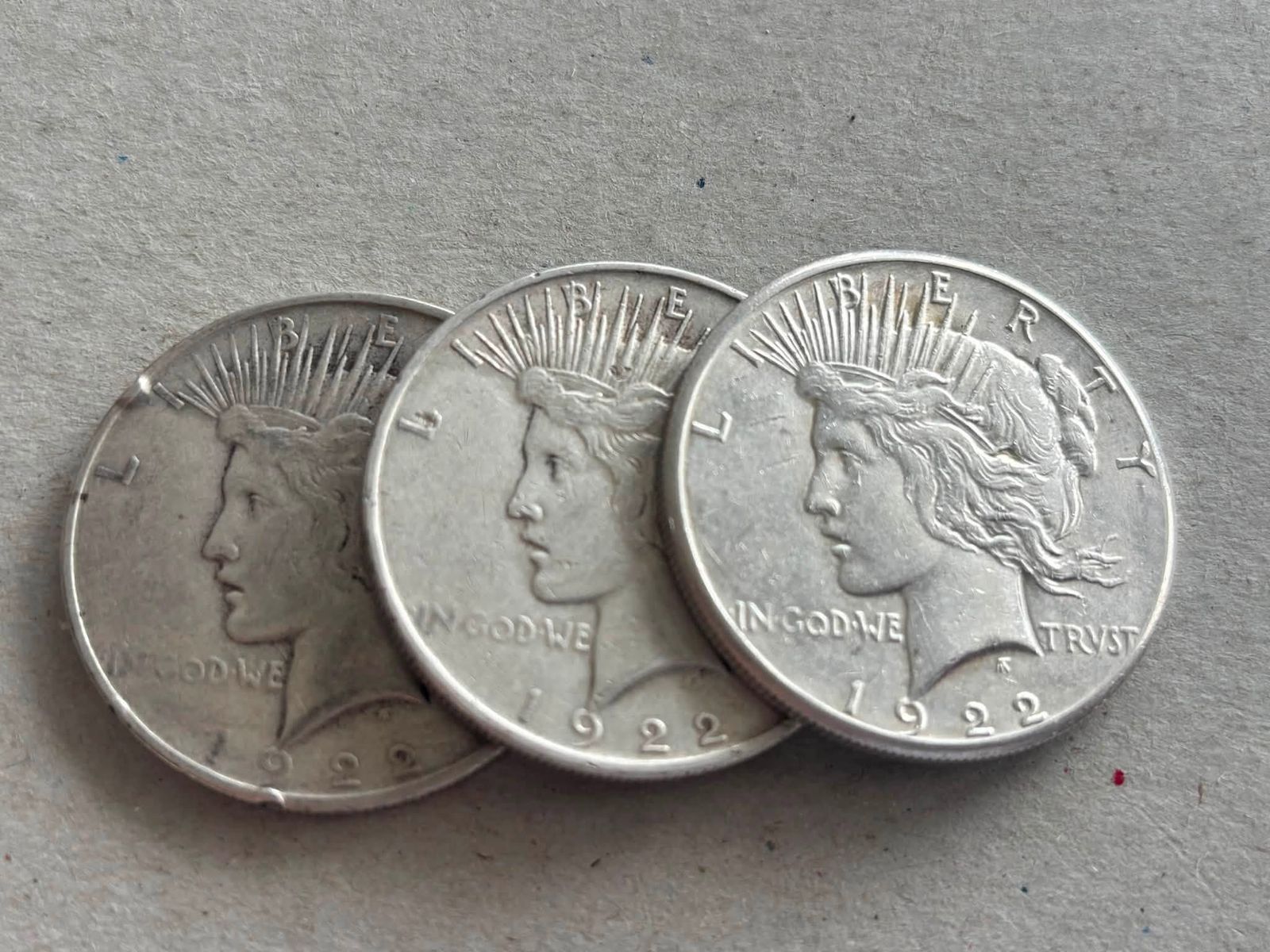 3 peace dollars 1922 P,D&S mintmarks