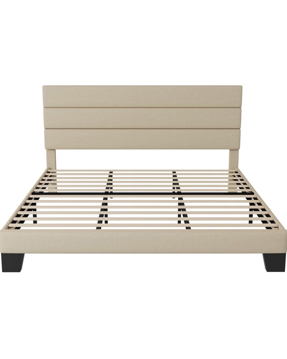 King size Size Platform Bed Frame with Fabric Upholstered Headboard and Wooden Slats Support