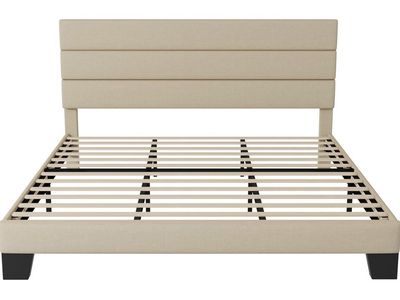 King size Size Platform Bed Frame with Fabric Upholstered Headboard and Wooden Slats Support