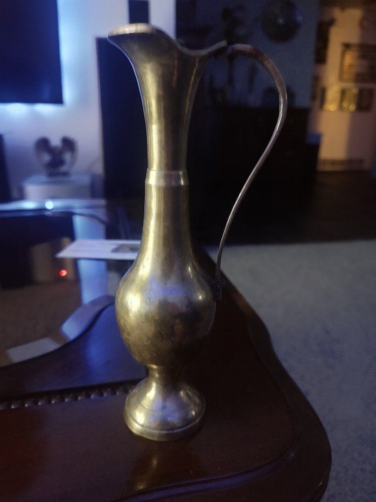 Vintage Brass Pitcher, Decorative Metal Vase with Handle - Ornate Home Decor Accent 6" tall