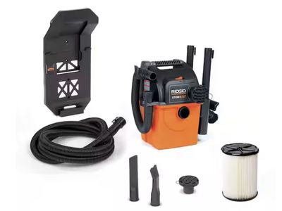 RIDGID 5 Gal. 5.0 Peak HP Portable Wall Mount Shop Vacuum Wet Dry Vac with Filter, Two Locking Hoses and Attachments WD5500