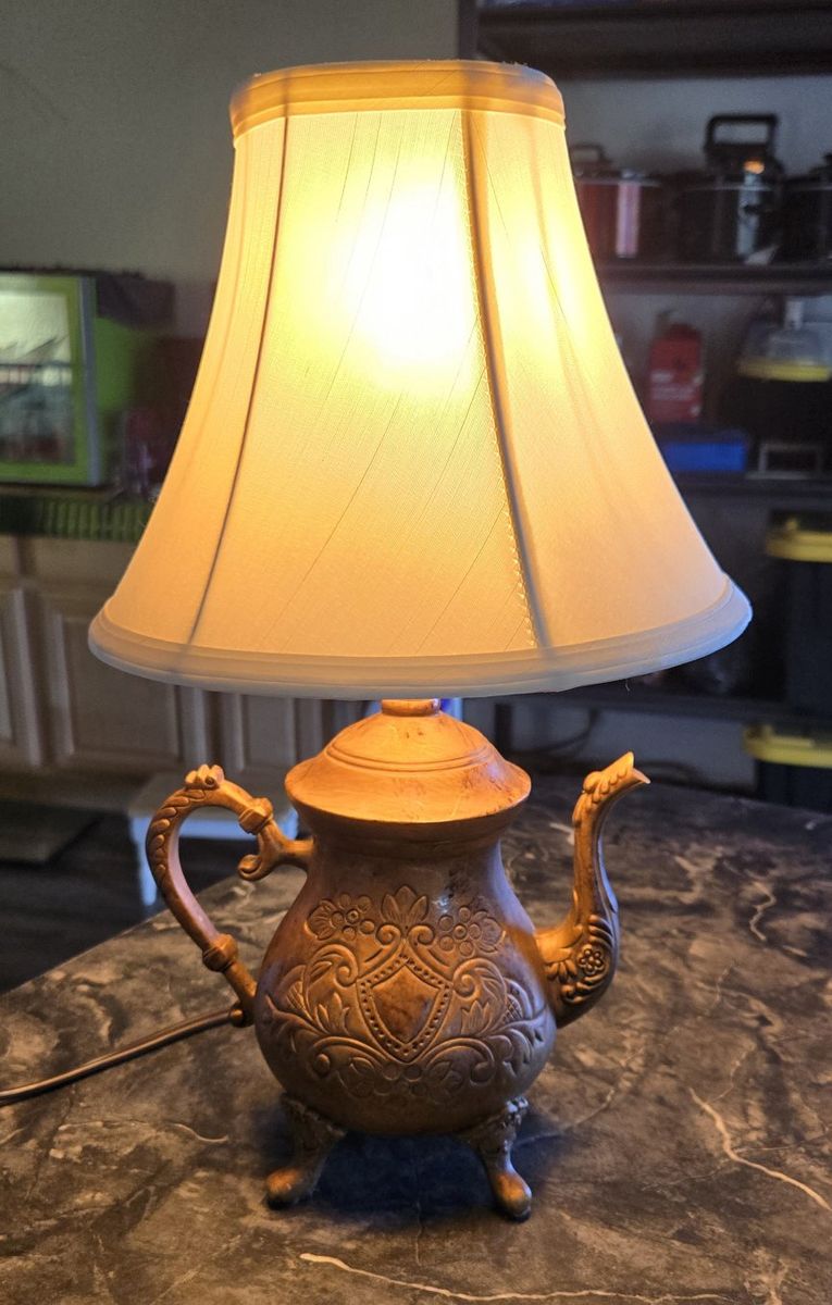 Vintage Teapot Table Lamp with Beige Fabric Shade - Ornate Design, Working Condition