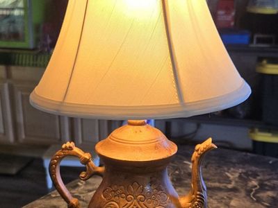 Vintage Teapot Table Lamp with Beige Fabric Shade - Ornate Design, Working Condition