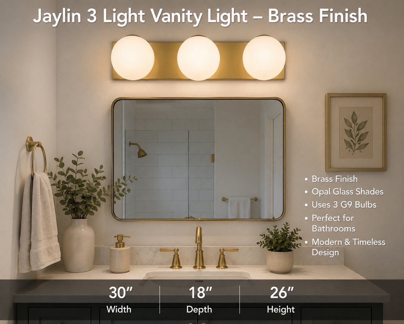 Jaylin 3-Light Vanity Light, Brass Finish with Opal Glass Shades, Modern Design, Uses 3 G9 Bulbs (x2)