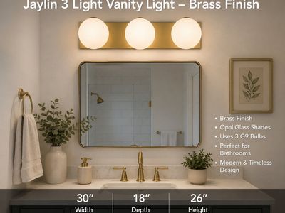 Jaylin 3-Light Vanity Light, Brass Finish with Opal Glass Shades, Modern Design, Uses 3 G9 Bulbs (x2)