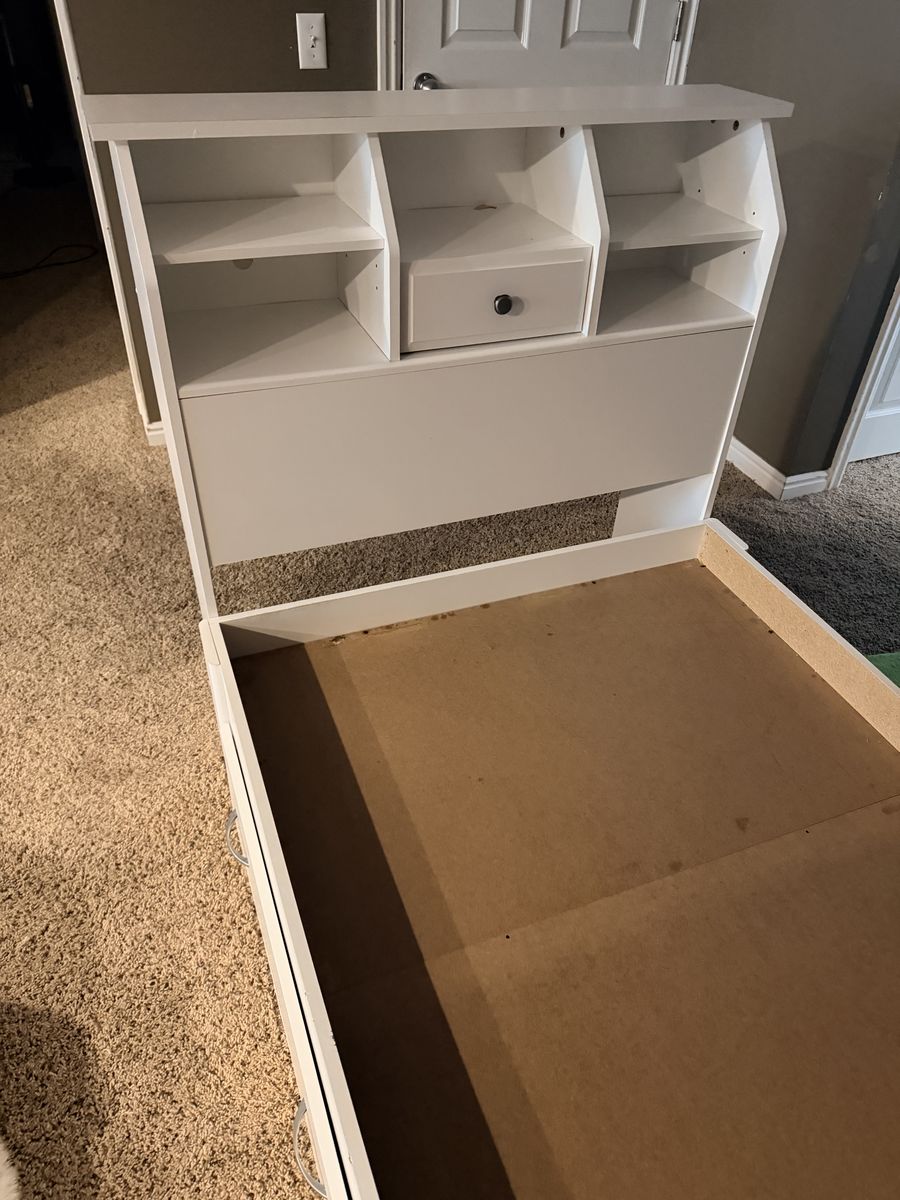 Platform bed with storage drawers, and headboard