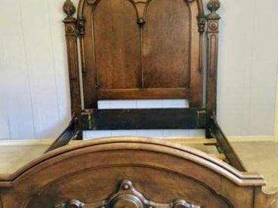 Antique Victorian Walnut Bedroom Set (1870) – Queen Bed, Marble Top Dresser w/ Mirror, Hand-Carved Vintage Furniture