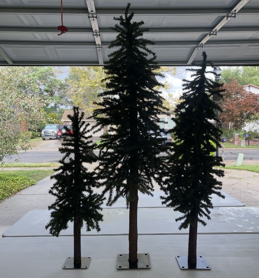 Set of 3 Artificial Alpine Pine Trees with Realistic Trunks and Metal Bases