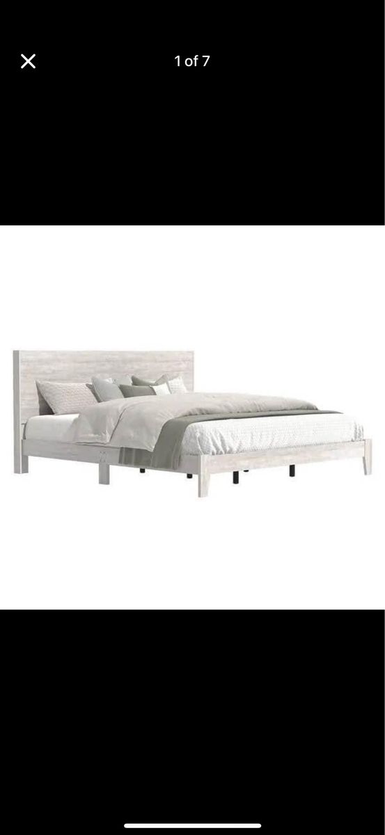 Rustic White King Size Platform Bed Frame with Headboard