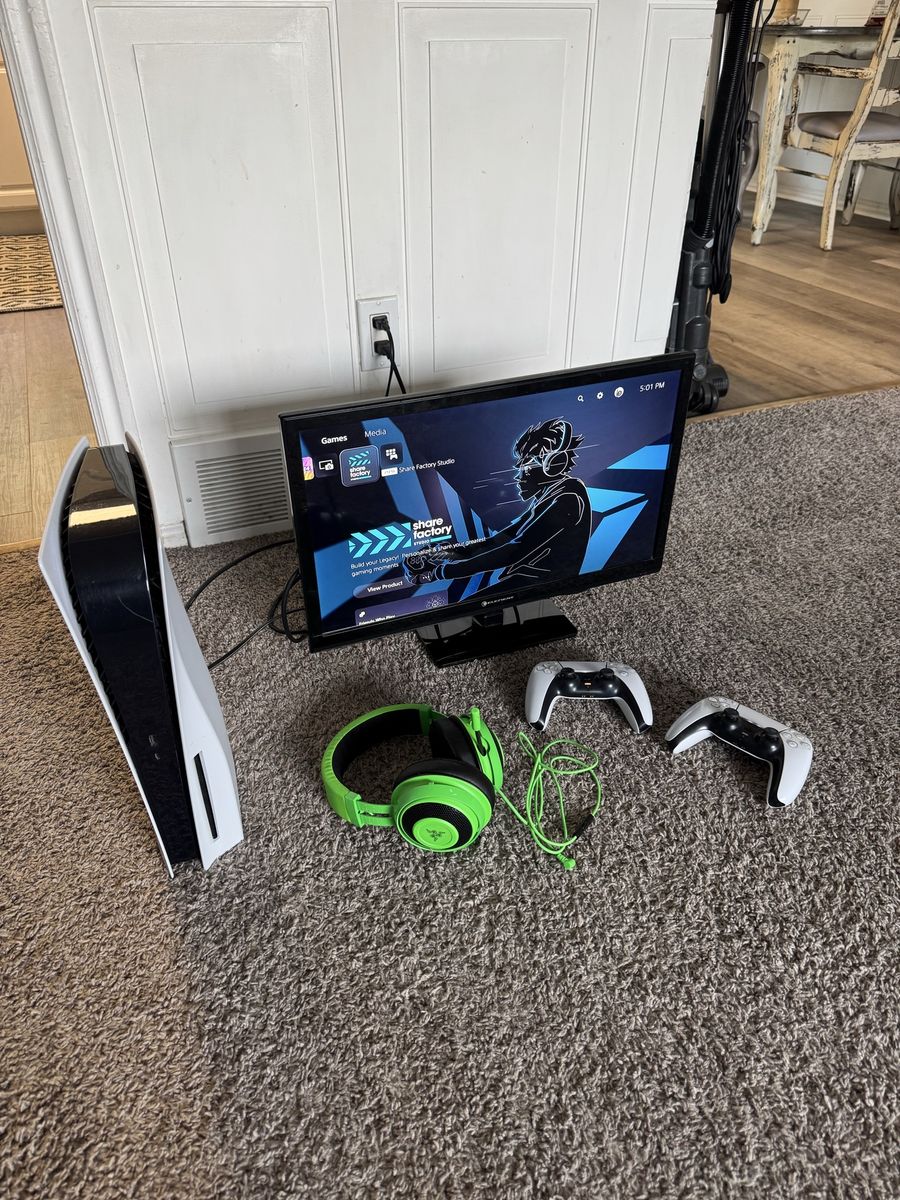 PlayStation 5 Disk Edition w/ Two Controllers, Professional Gaming Headset, & Monitor