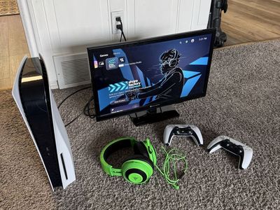 PlayStation 5 Disk Edition w/ Two Controllers, Professional Gaming Headset, & Monitor