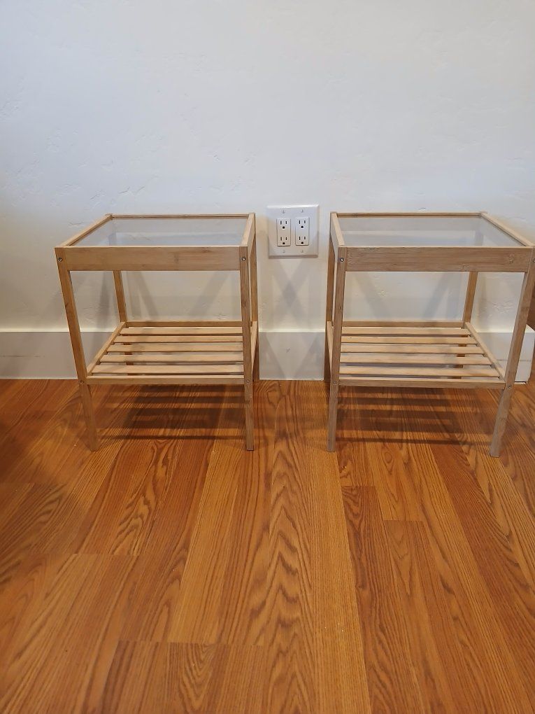 Pair of Light Wood End Tables with Glass Top and Slatted Shelf - Excellent Condition