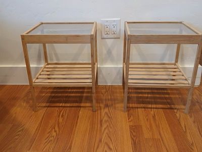 Pair of Light Wood End Tables with Glass Top and Slatted Shelf - Excellent Condition