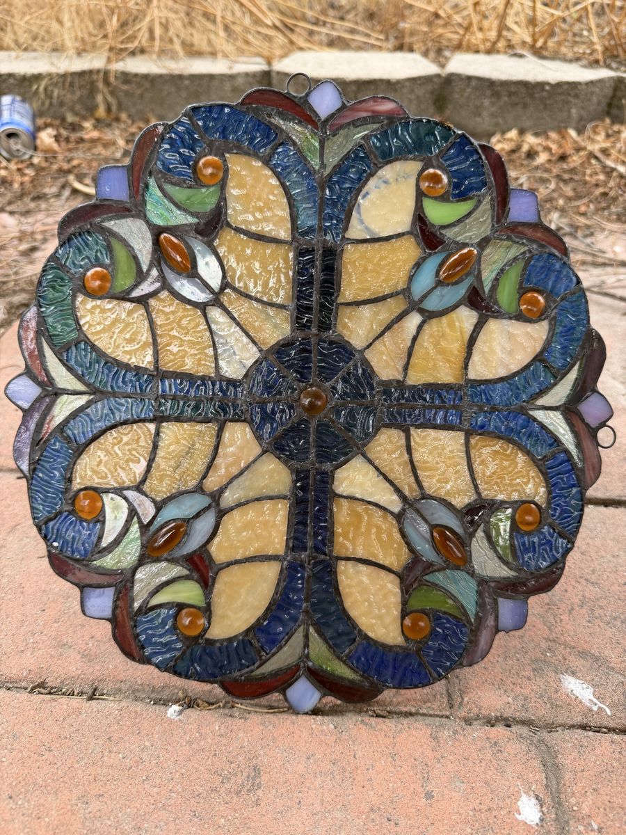 Stained Glass Window Hanging Panel Floral Geometric Design 11.5"