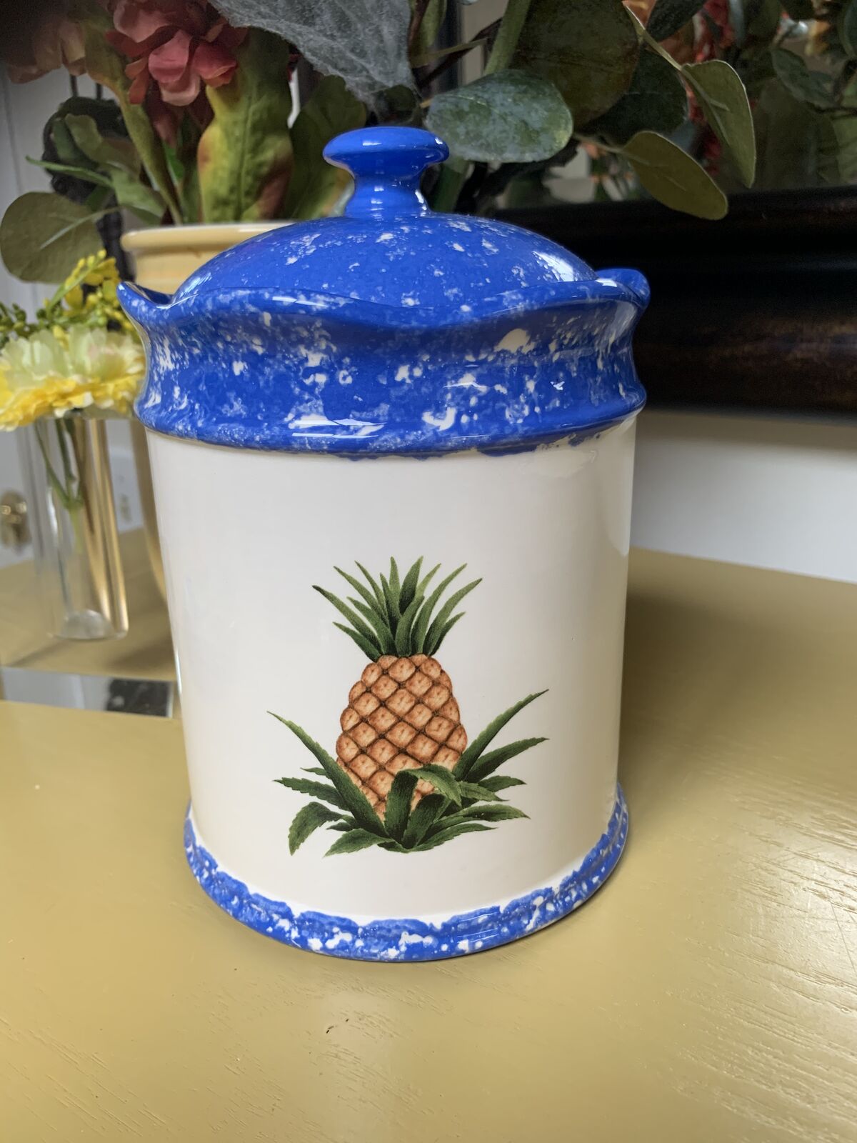 Decorative Pineapple and Blue Glaze Canister