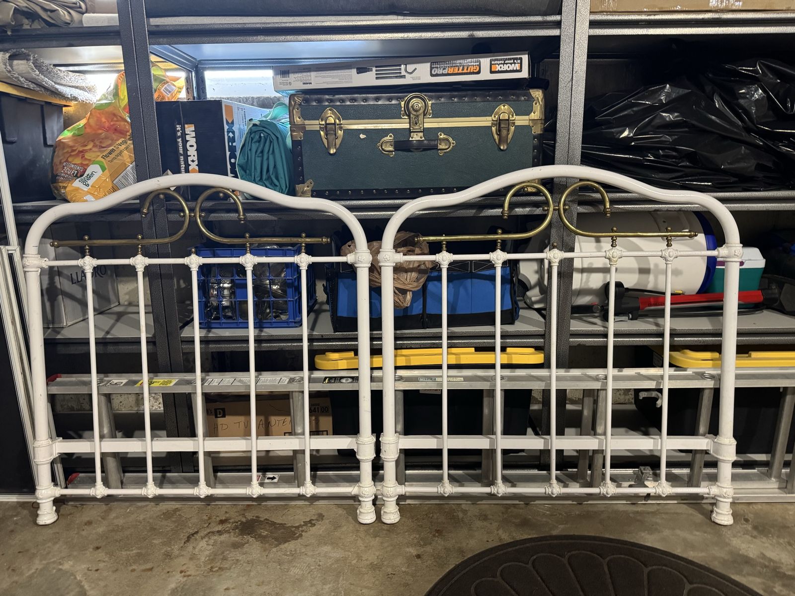 White Metal Full Size Headboard & Footboard with Brass Accents - Vintage Style Bed Frame
