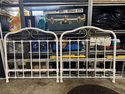 White Metal Full Size Headboard & Footboard with Brass Accents - Vintage Style Bed Frame