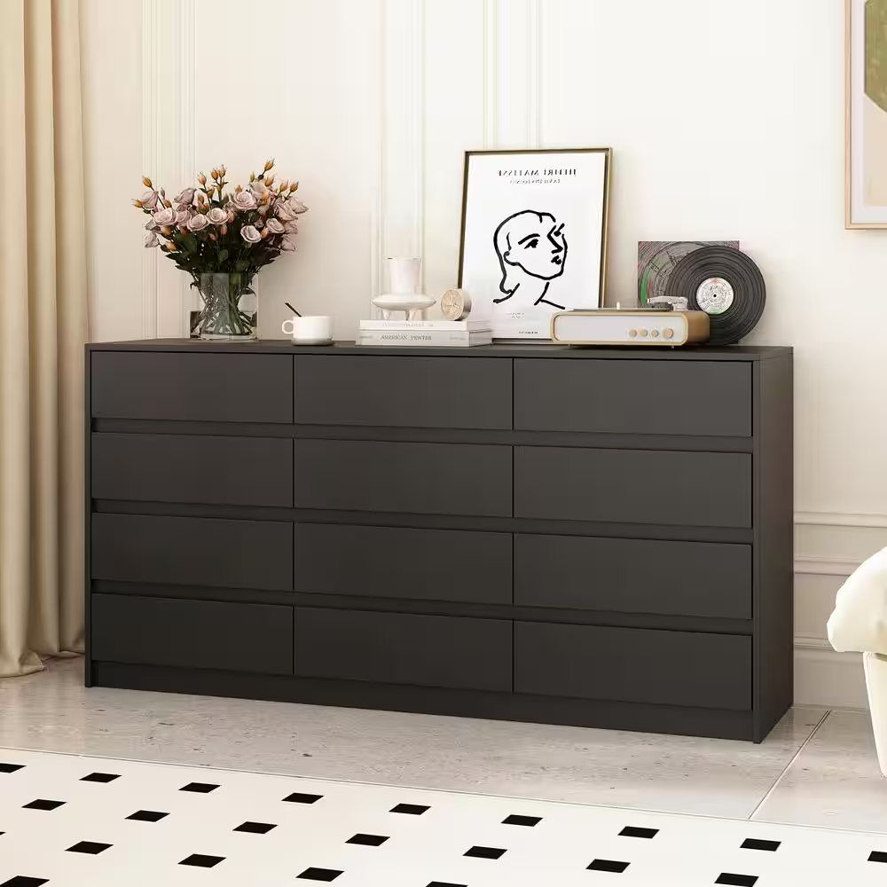 Black 12-Drawer Dresser, 63W x 32H