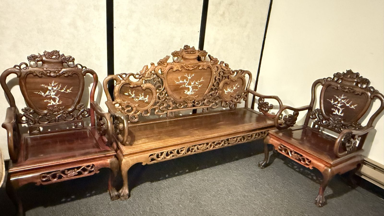 Vintage 3-Piece Chinese Hand-Carved Sofa Set with Mother-of-Pearl