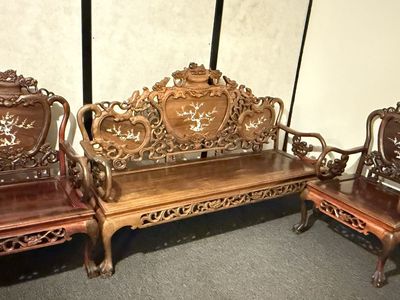 Vintage 3-Piece Chinese Hand-Carved Sofa Set with Mother-of-Pearl