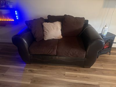 Brown Faux Leather and Corduroy Loveseat Couch with Throw Pillows