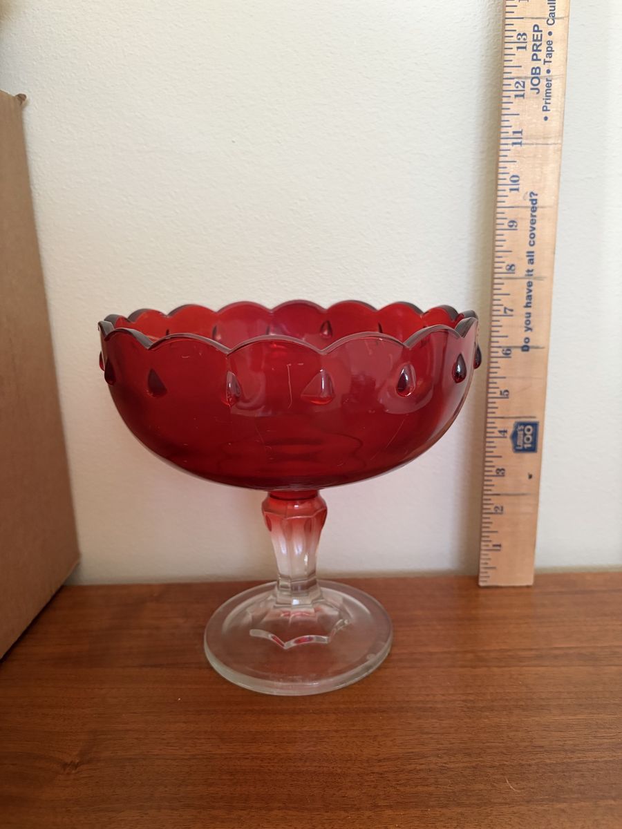 Vintage Red Glass Pedestal Bowl Scalloped Edge