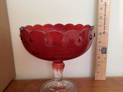 Vintage Red Glass Pedestal Bowl Scalloped Edge