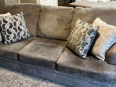 Brown Fabric Three-Cushion Sofa with Accent Pillows