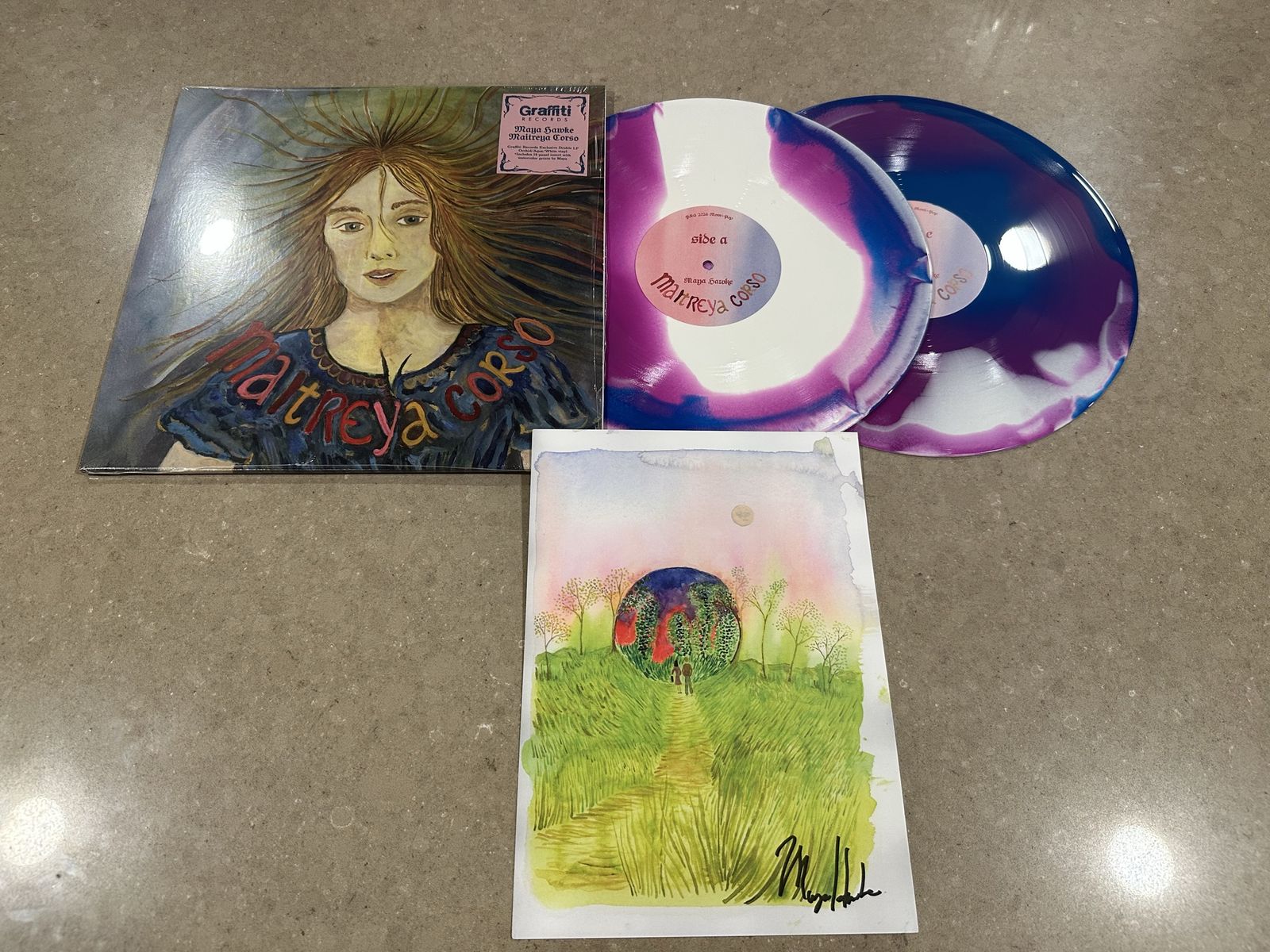 Maya Hawke-SIGNED Maitreya Corso Vinyl-SIGNED Watercolor Print By Maya-White/Orchid/Aqua Mix Vinyl-X/300-Super Rare-SEALED