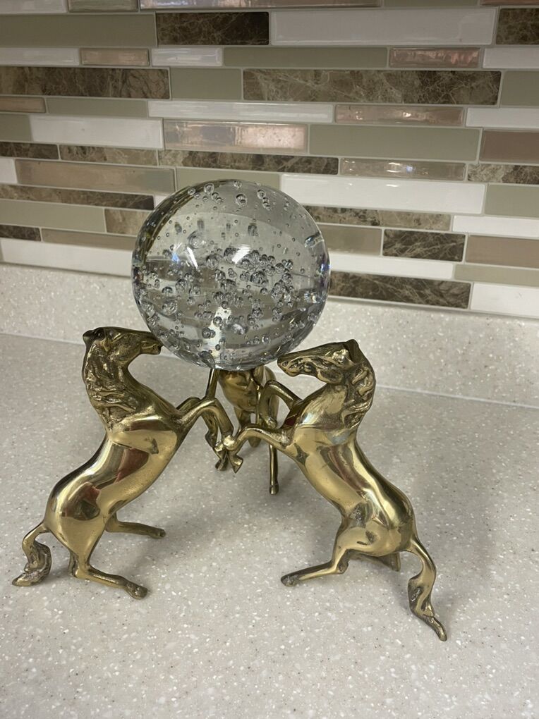 Vintage Brass 3 Horses Crystal Orb.