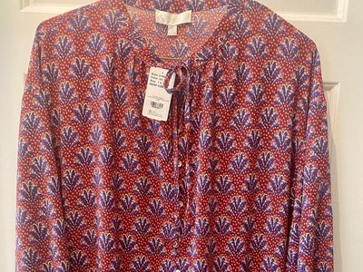 NEW! Women's Tie Notch Button Front Ruffle Blouse, Tunic Red/Blue, Size 1X Weekend by Suzanne Betro C PIX