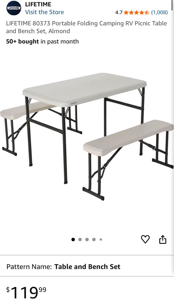 Lifetime Portable Folding Camping RV Picnic Table & Bench Set, Almond